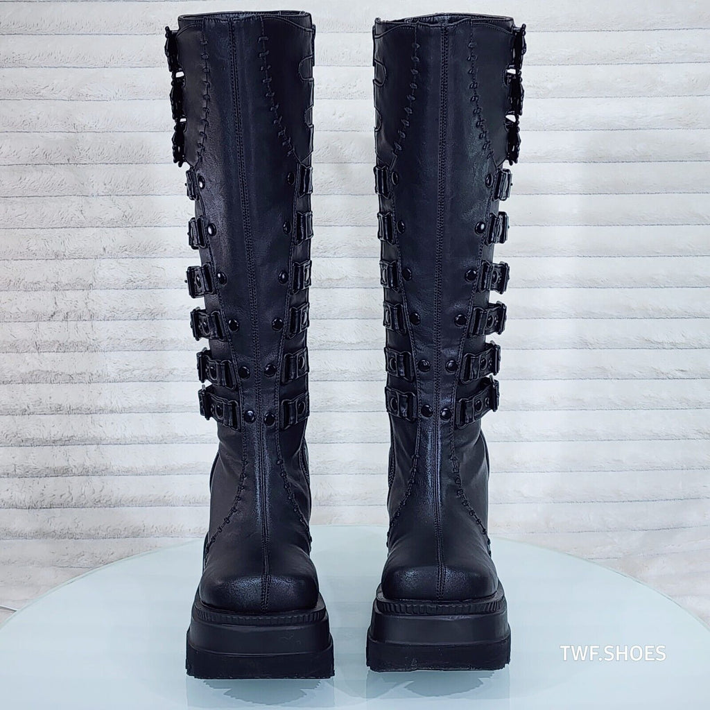 Shaker Black Matte Platform 4.5" Wedge Heel Skull Buckle Knee Boots NY DEMONIA - Totally Wicked Footwear