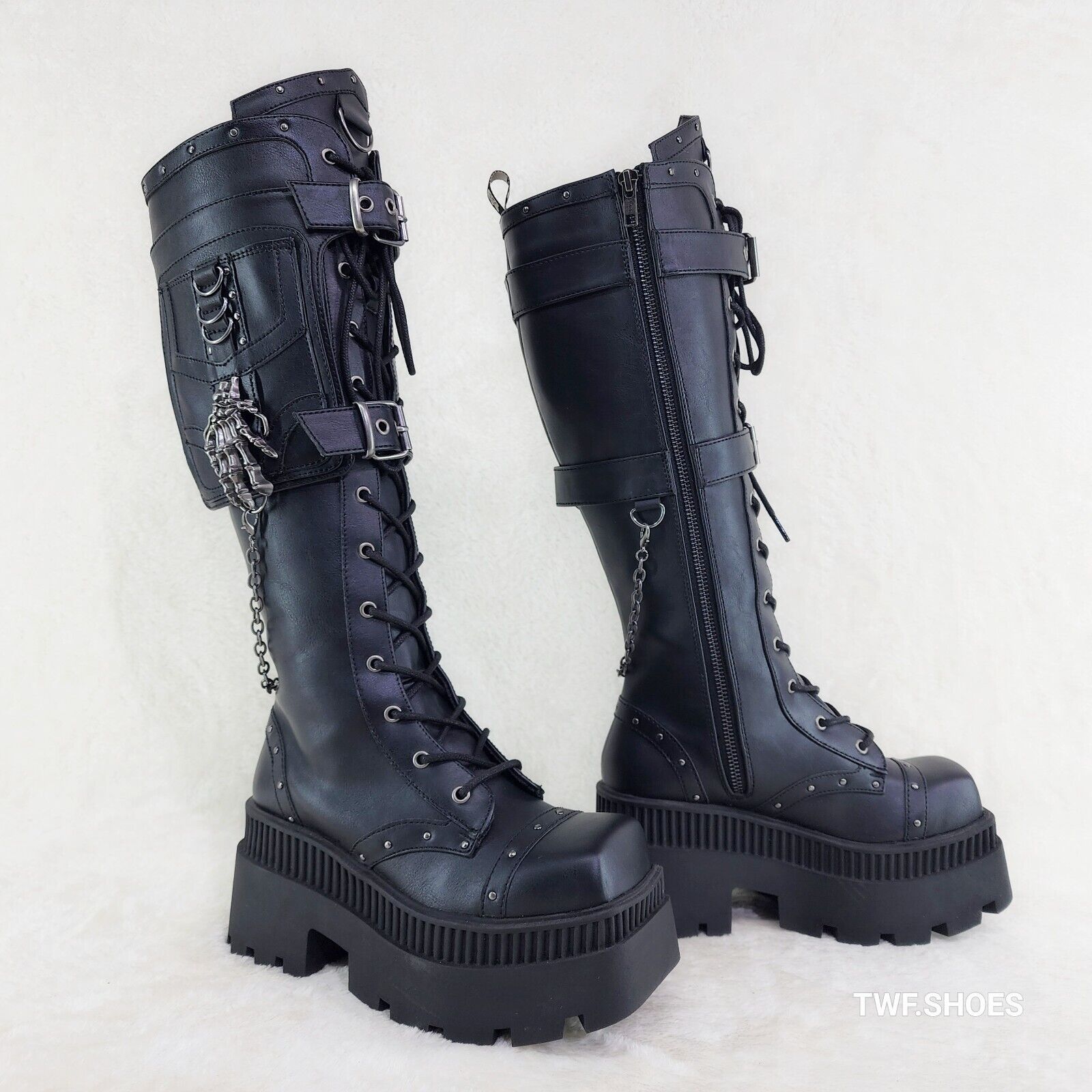Wicked Wrath Square Toe Goth Lace Up Knee High Boots Skull Hand In House DEMONIA - Totally Wicked Footwear