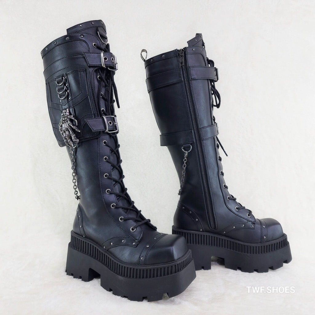 Wicked Wrath Square Toe Goth Lace Up Knee High Boots Skull Hand In House DEMONIA