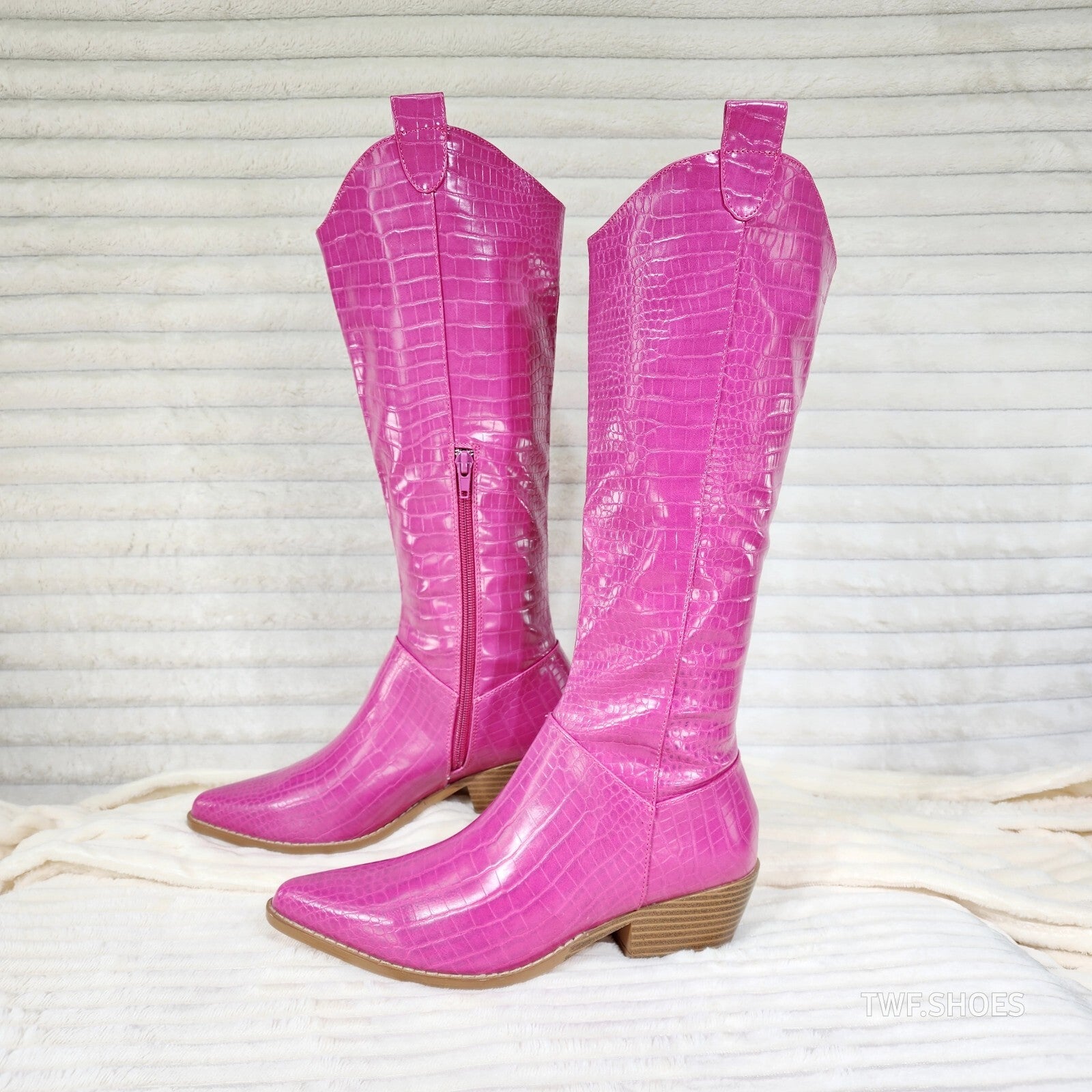 Sassy Fuchsia Hot Pink Snake Texture Western Knee High 2" Heel Cowgirl Boots