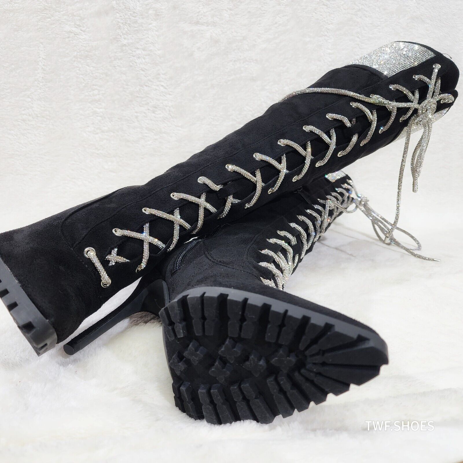 Queens FX Suede & Rhinestone Pointy Toe High Heels Stiletto Lace Up Knee Boots - Totally Wicked Footwear