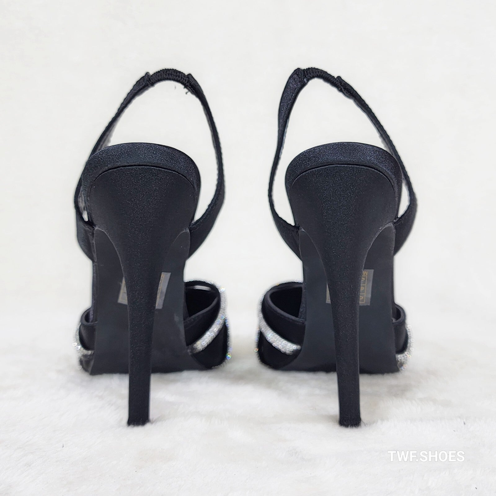 Elegance Slip on Slingback Black Satin Rhinestone Pointy Toe High Heels Shoes