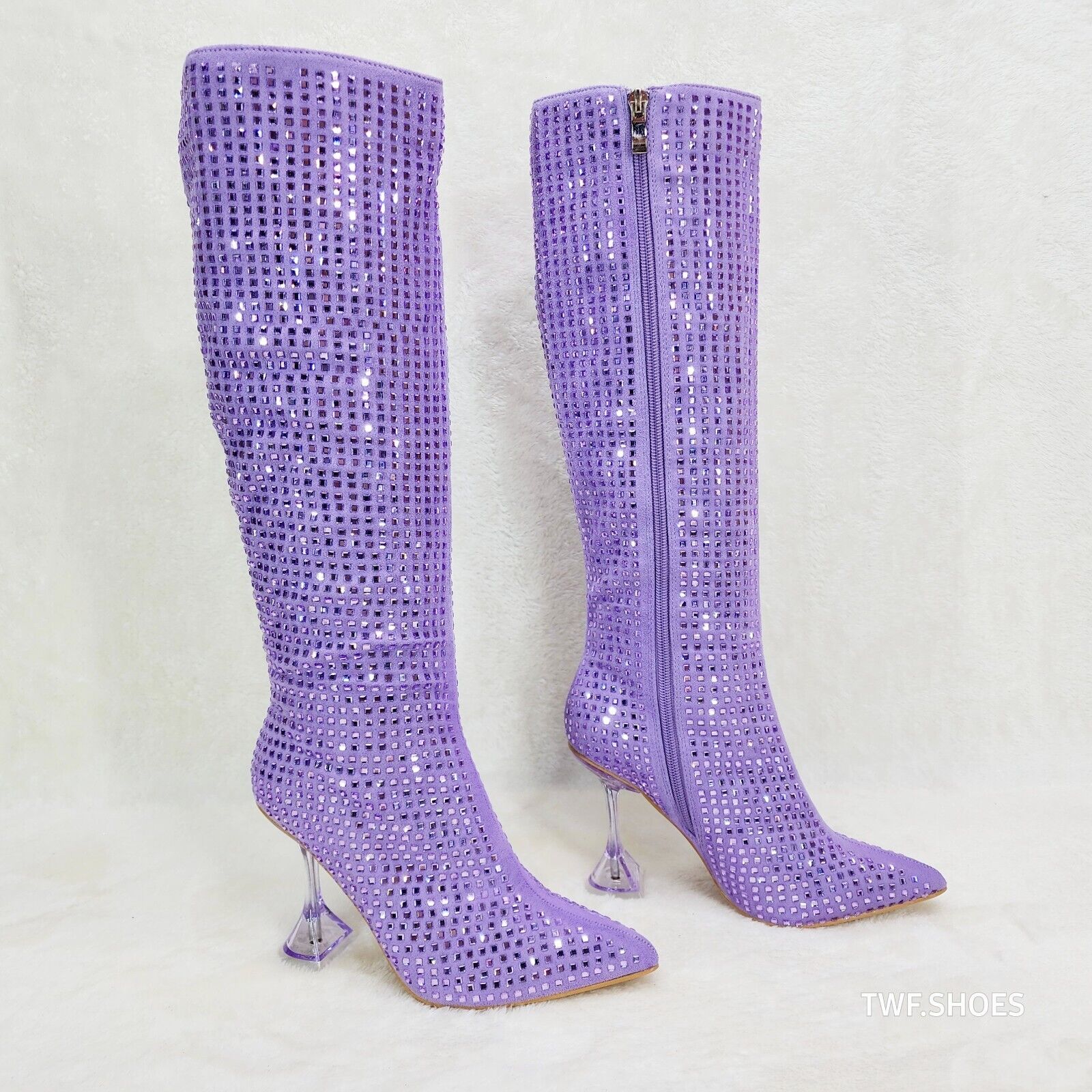 Glamour Shot Mirrored Rhinestone Tinted 4" Pyramid Heel Knee Boots Lilac Purple - Totally Wicked Footwear