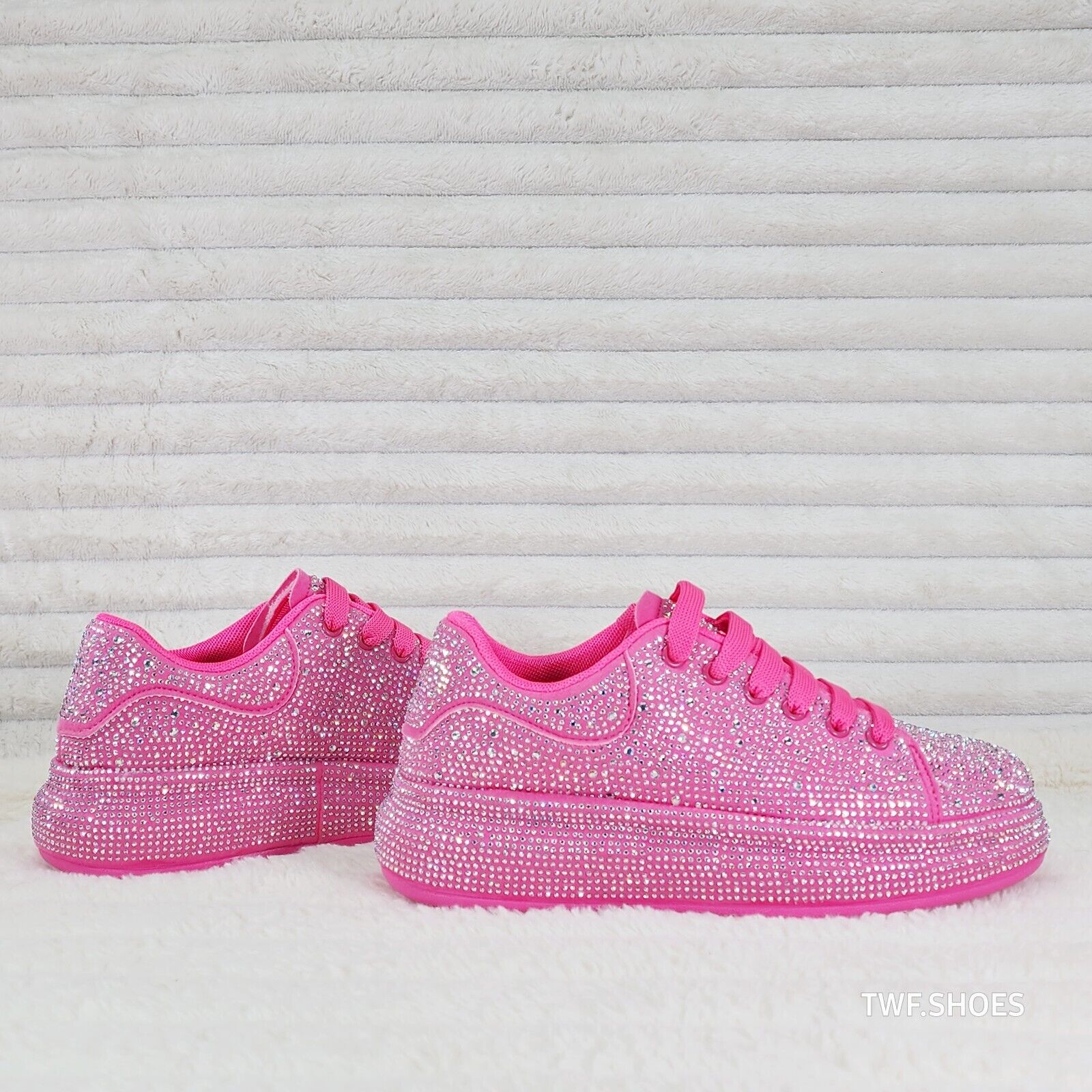 Dazzle Cush Bright Hot Pink Neon Rhinestone Comfy Platform Sneakers Tennis Shoes - Totally Wicked Footwear