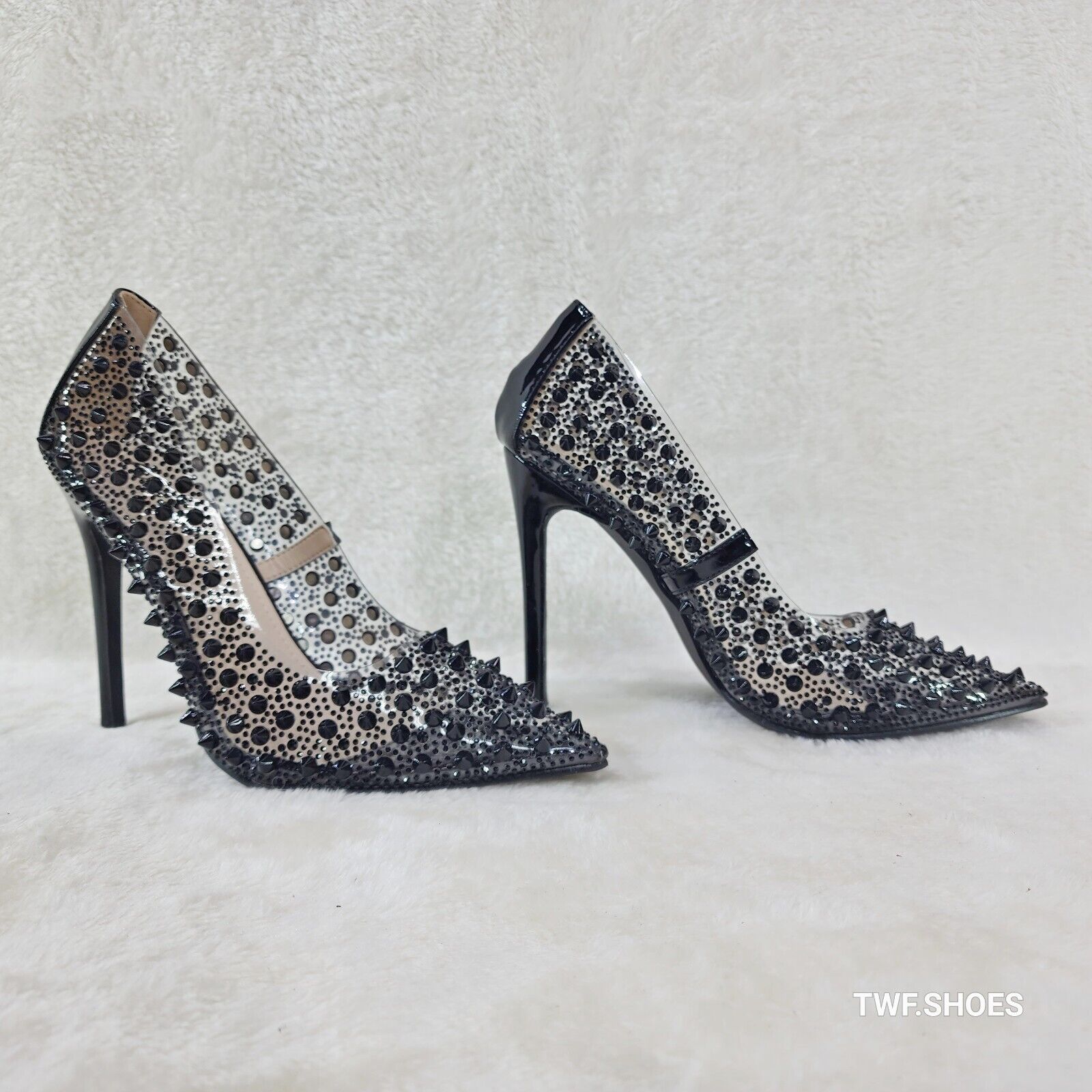 Spicy Stiletto PVC Clear Pumps Black Studs & Rhinestone Pumps Stiletto Heels - Totally Wicked Footwear