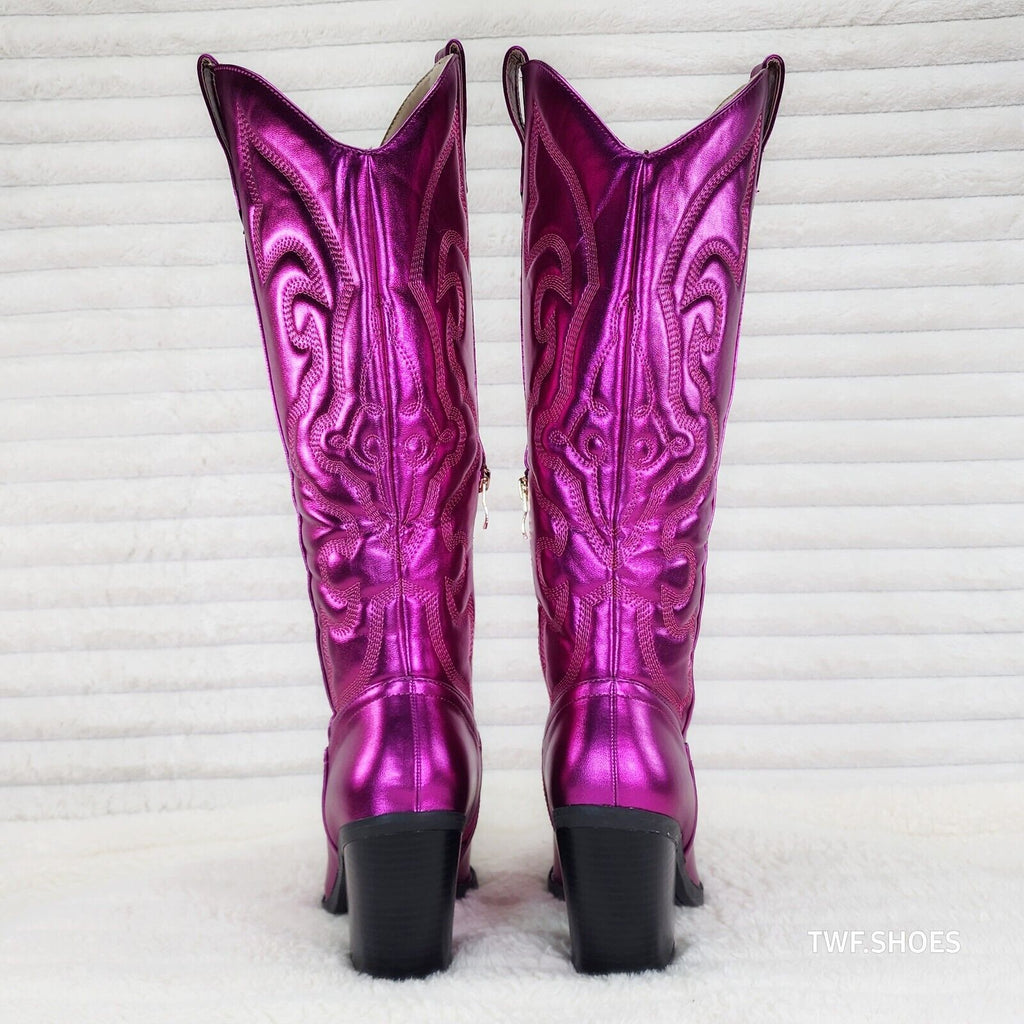 Electric Cowboy Metallic Matte Western Knee High Cowgirl Boots Hot Fuchsia Pink - Totally Wicked Footwear