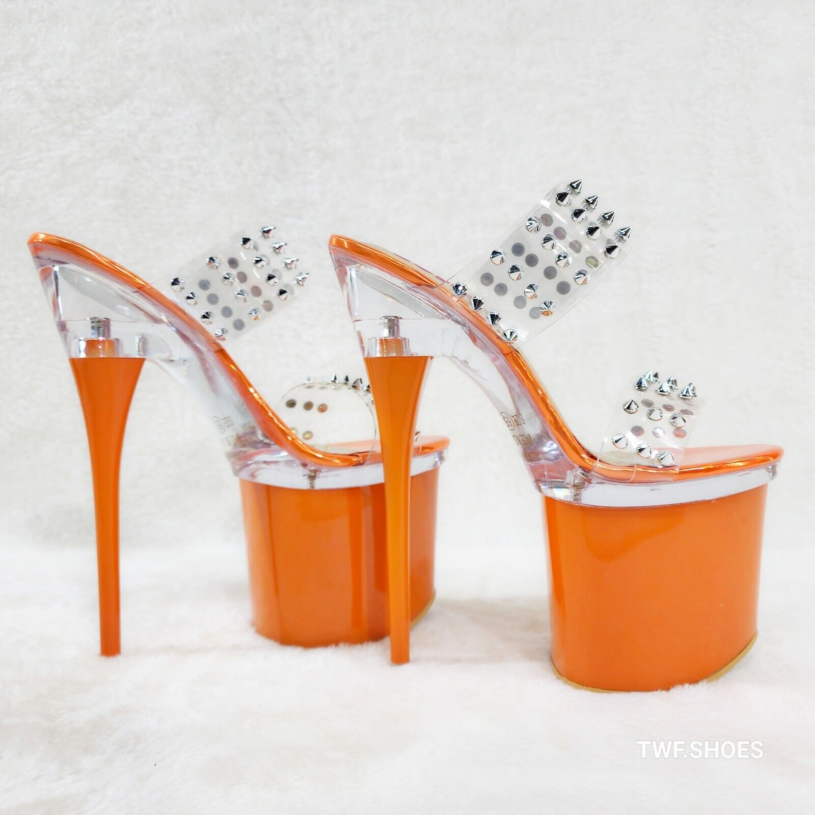 Bulls Sleek Slim 8" Towering Platform Heels Orange Double Clear Spiked Straps - Totally Wicked Footwear