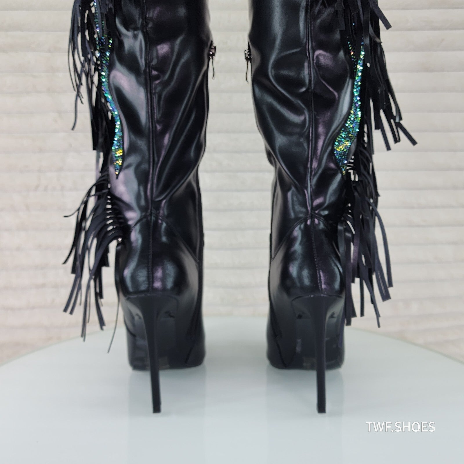 Frenzy Black Fringe Rhinestone Over The Knee Thigh Boots Azalea Wang