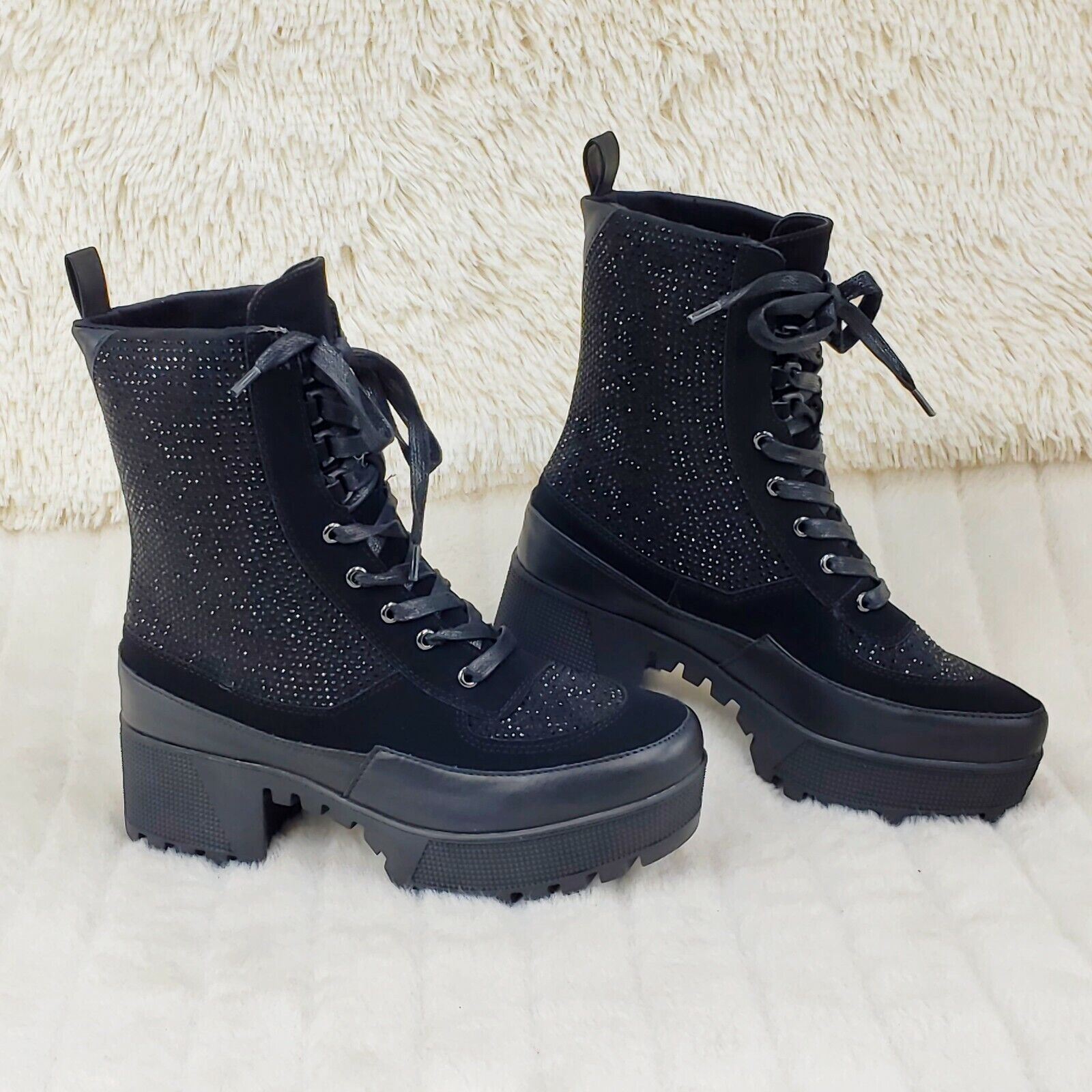 Queen Pin 2 Black Rhinestone Lace Up Platform Sneaker Combat Ankle Boots - Totally Wicked Footwear