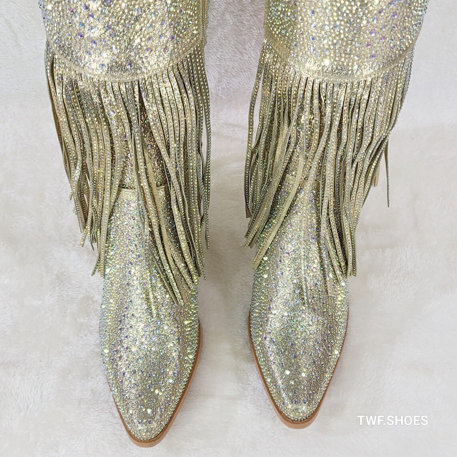Western Diva Gold Asymmetrical Fringe Rhinestone Glam Cowgirl Boots - Totally Wicked Footwear