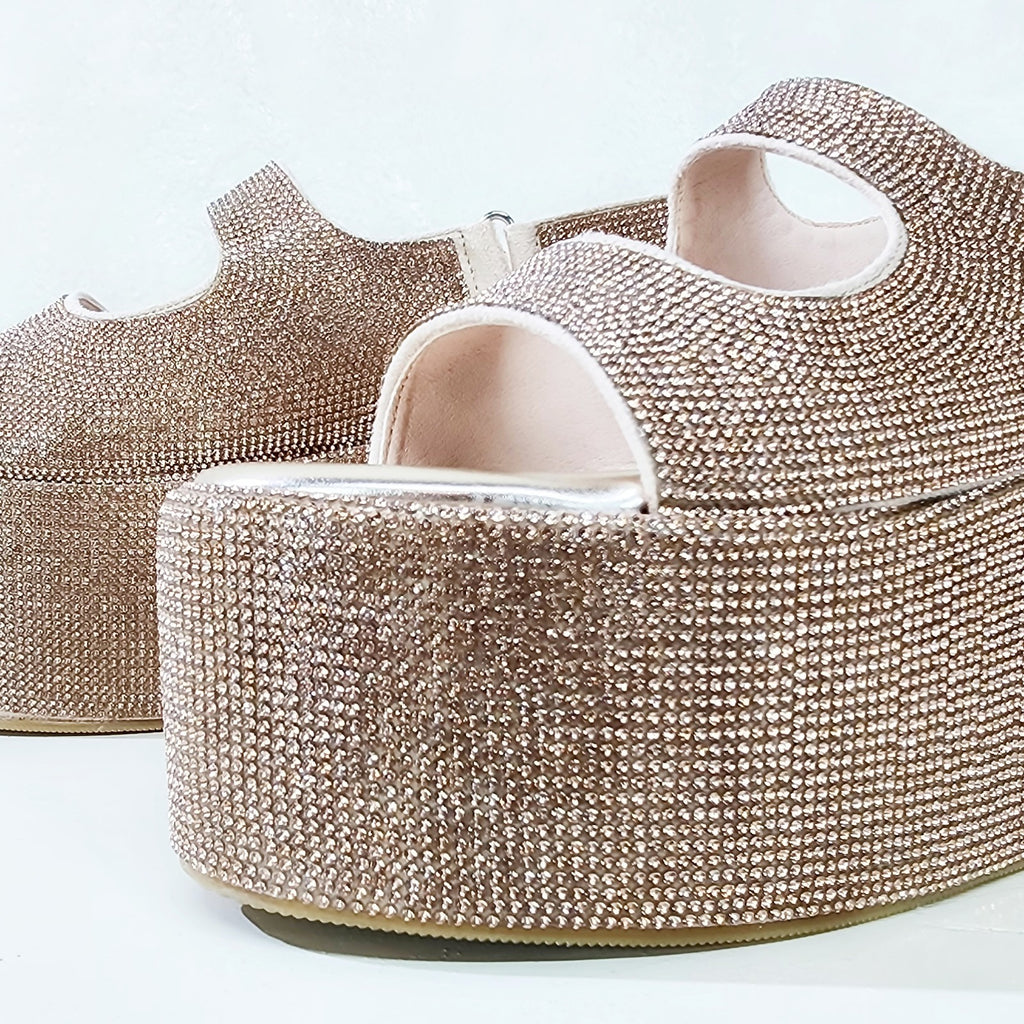 Oh Yeah Rose Gold 3" Platform Sparkling Rhinestone Flatform Slingback Sandals - Totally Wicked Footwear