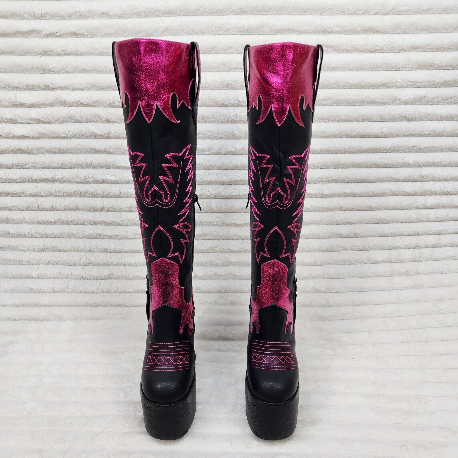 Free Your Soul Western Designed Platform Chunky Heel Knee Boots Festival Gothic - Totally Wicked Footwear