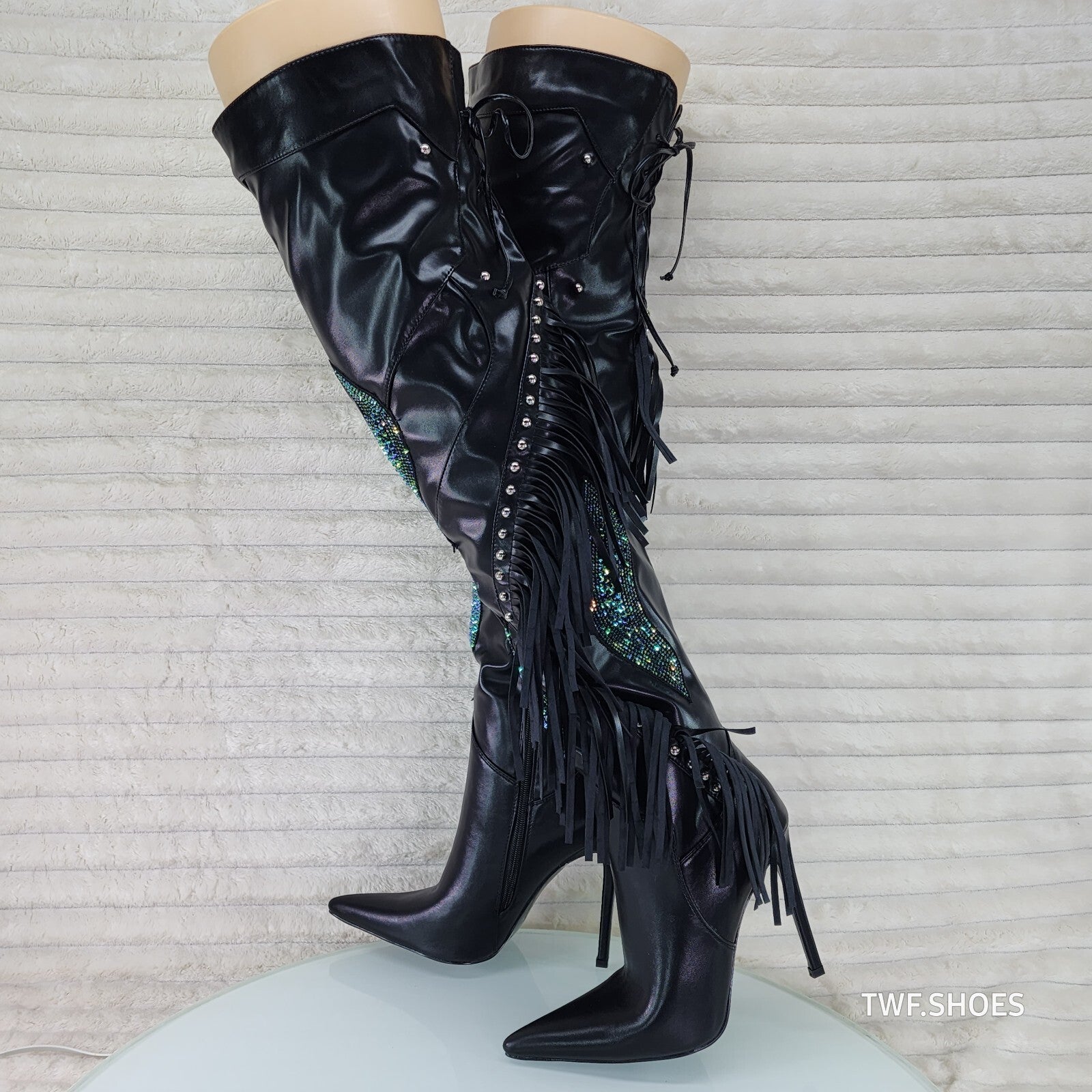 Frenzy Black Fringe Rhinestone Over The Knee Thigh Boots Azalea Wang