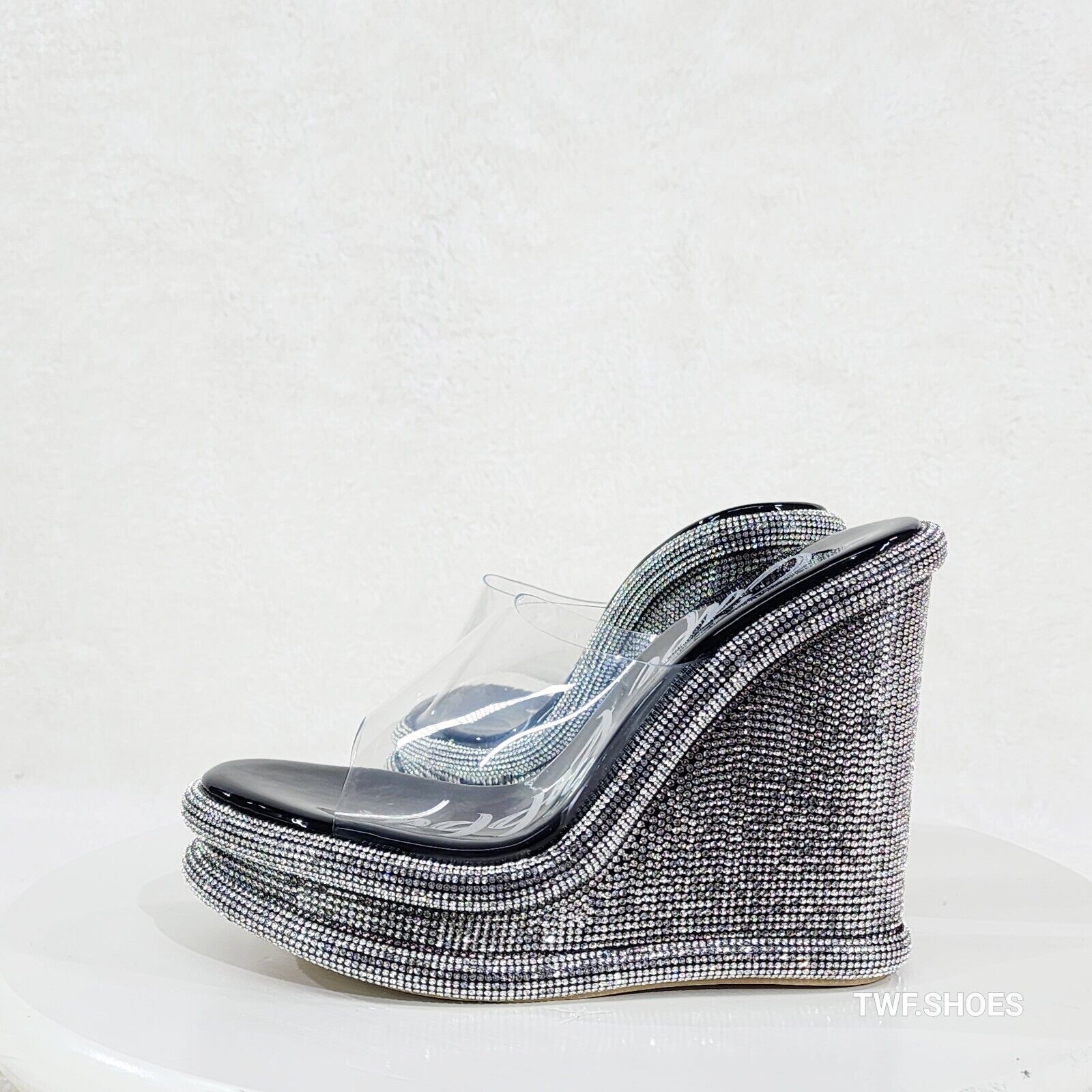Zesty Black Silver Rhinestone Platform Wedge Heel Slip On Sandals - Totally Wicked Footwear