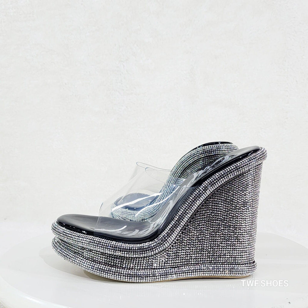 Zesty Black Silver Rhinestone Platform Wedge Heel Slip On Sandals