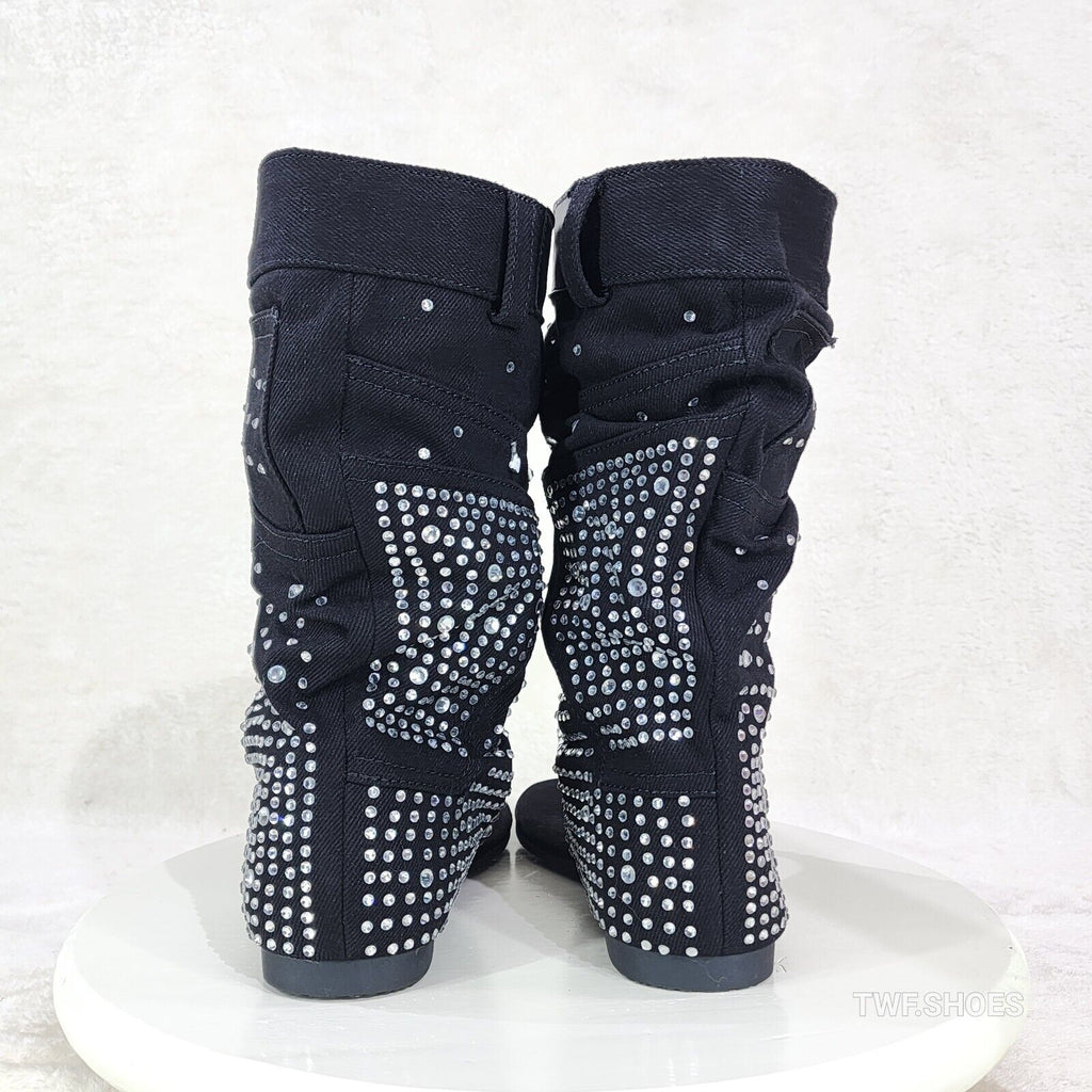 Perplex Black Denim & Rhinestones Sandal Slouch Boots Shooties