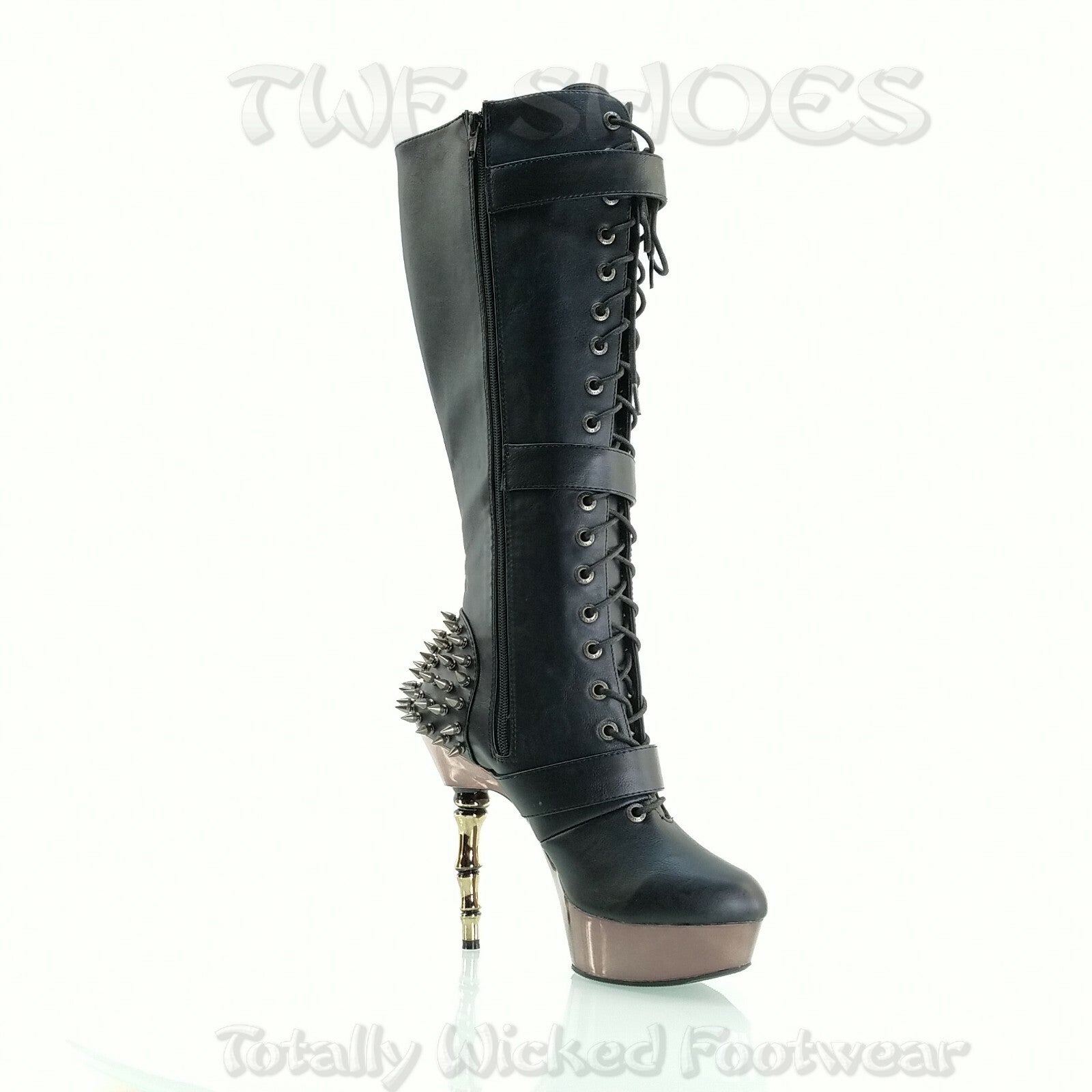 DEMONIA Muerto Chrome Bone High Heel Spiked Skull Buckle Lace Up Knee Boots