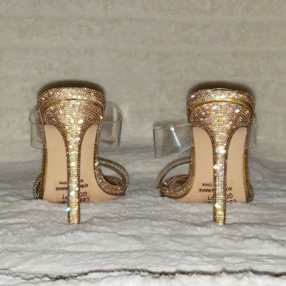 Lee Gold Rhinestone Slip On Double Strap High Heel Clog Mule Shoes