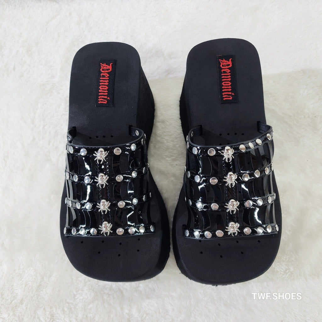 Funn Platform Goth Cut Out Web Sandals Spider Studs Slip On Shoes Black Patent - Totally Wicked Footwear