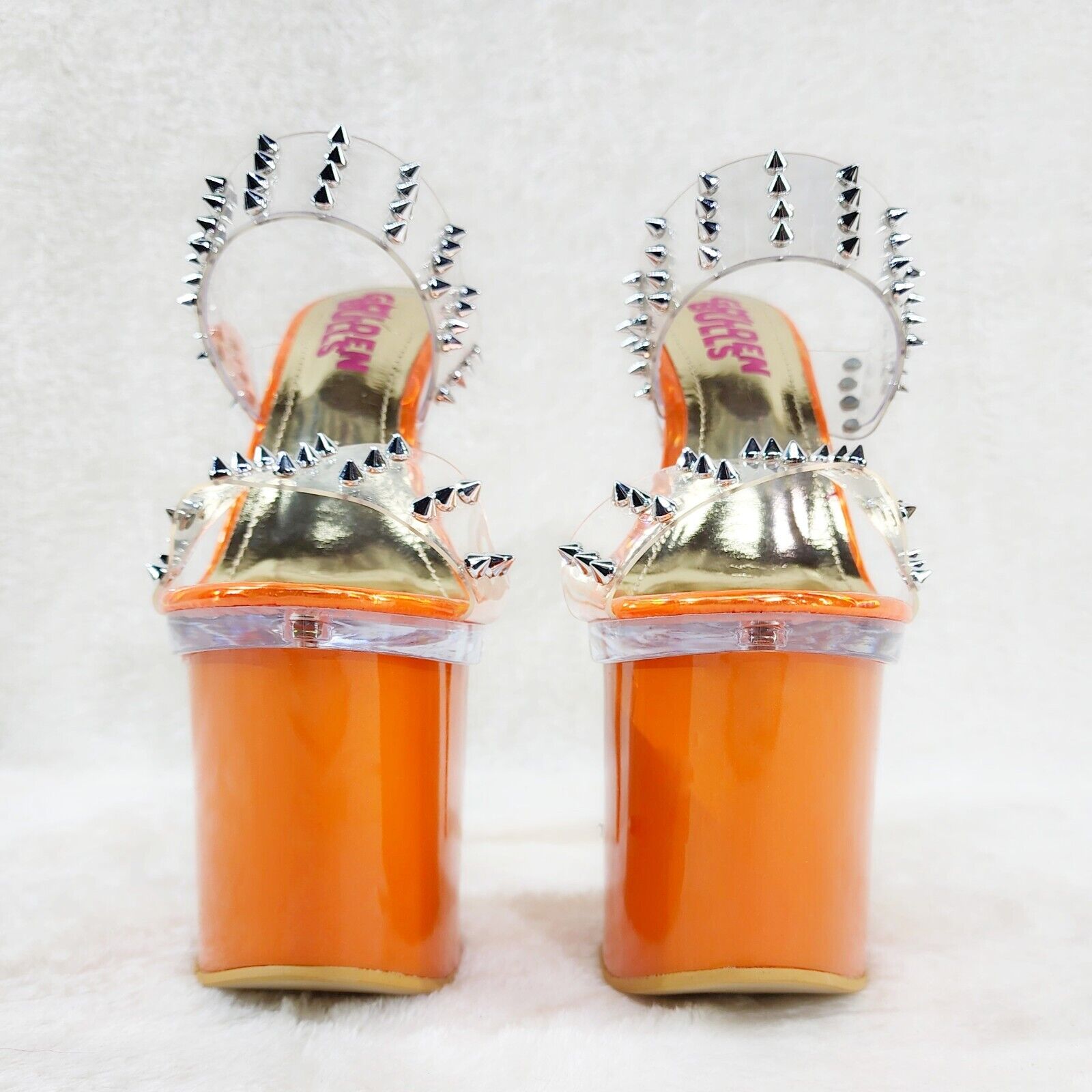 Bulls Sleek Slim 8" Towering Platform Heels Orange Double Clear Spiked Straps - Totally Wicked Footwear