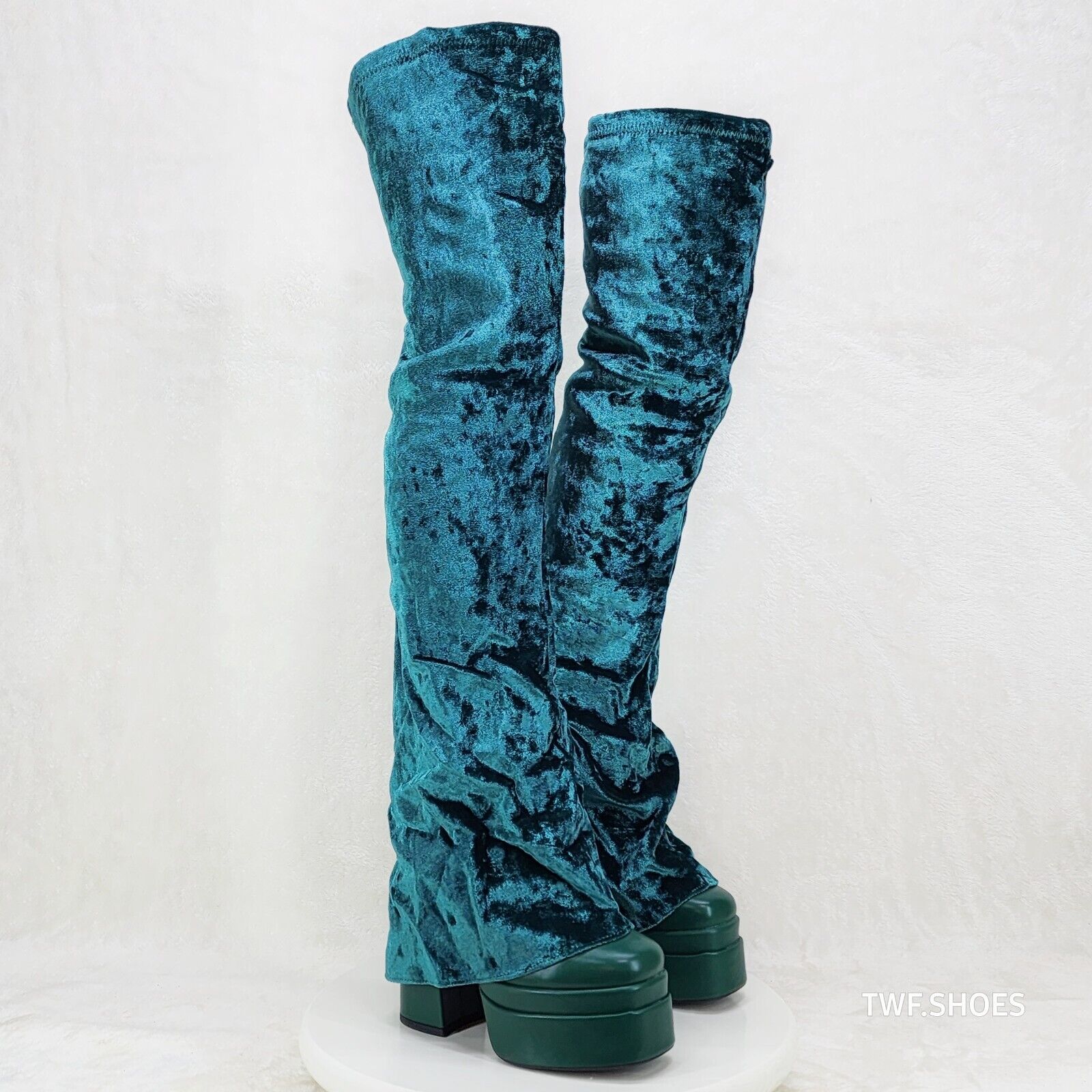 Unique Thigh High Green Velvet Fold over Skirted Chunky Heel Platform Boots - Totally Wicked Footwear