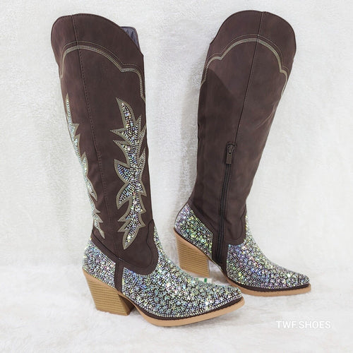 Annie Brown Leatherette With Rhinestones Country Glam Western Cowgirl Knee Boots - Totally Wicked Footwear