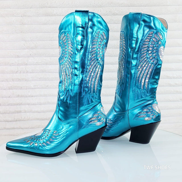 Teal Blue Metallic Love Wings Western Cowgirl Boots Azalea Wang Collection - Totally Wicked Footwear