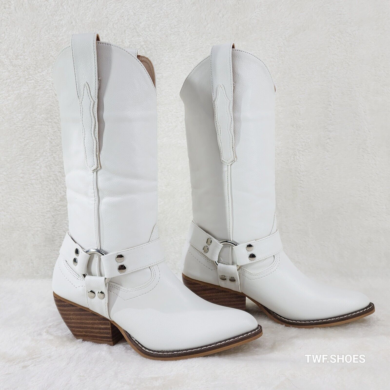 Western Rider Cut Harness White Leatherette Cowboy Pull On Country Cowgirl Boots - Totally Wicked Footwear