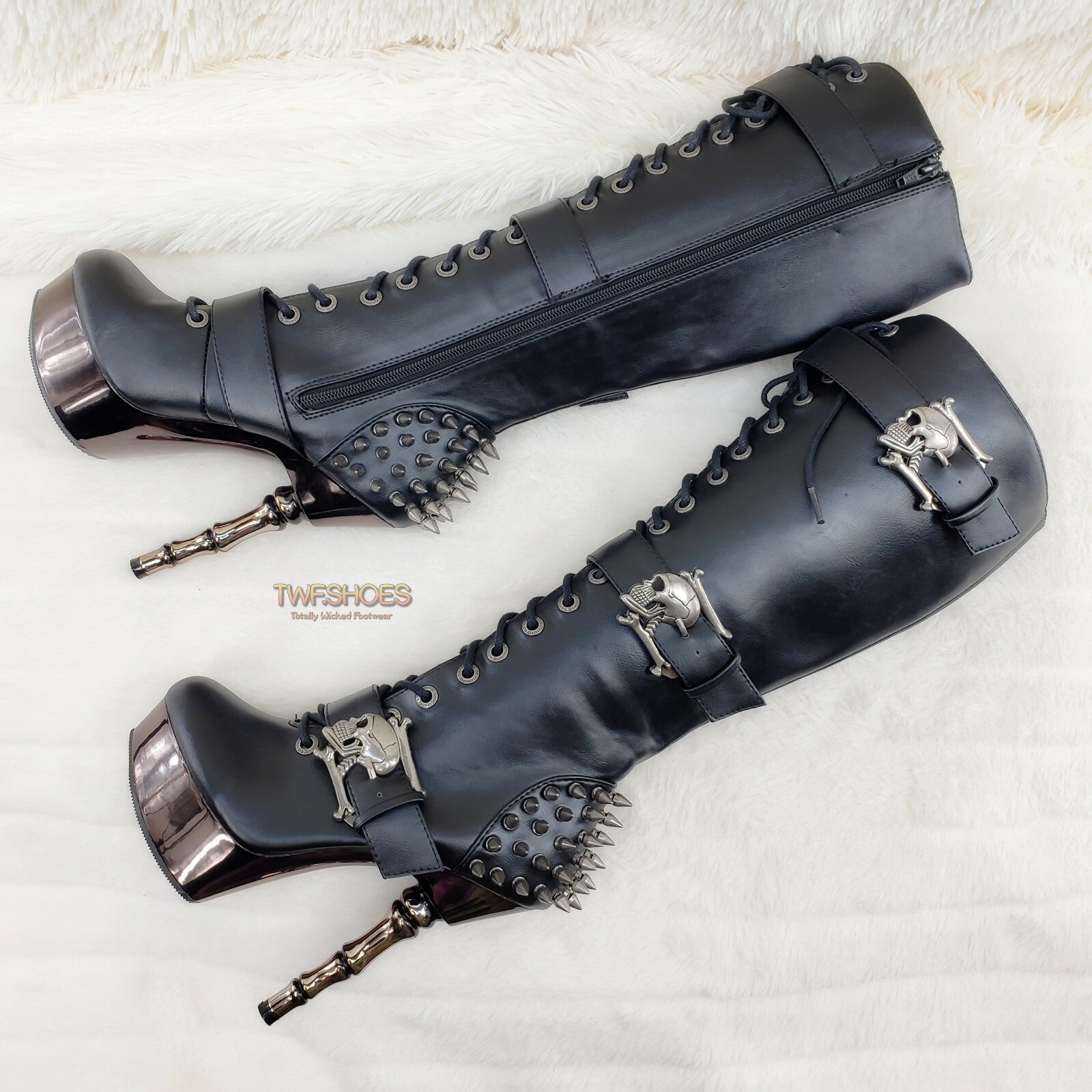 DEMONIA Muerto Chrome Bone High Heel Spiked Skull Buckle Lace Up Knee Boots