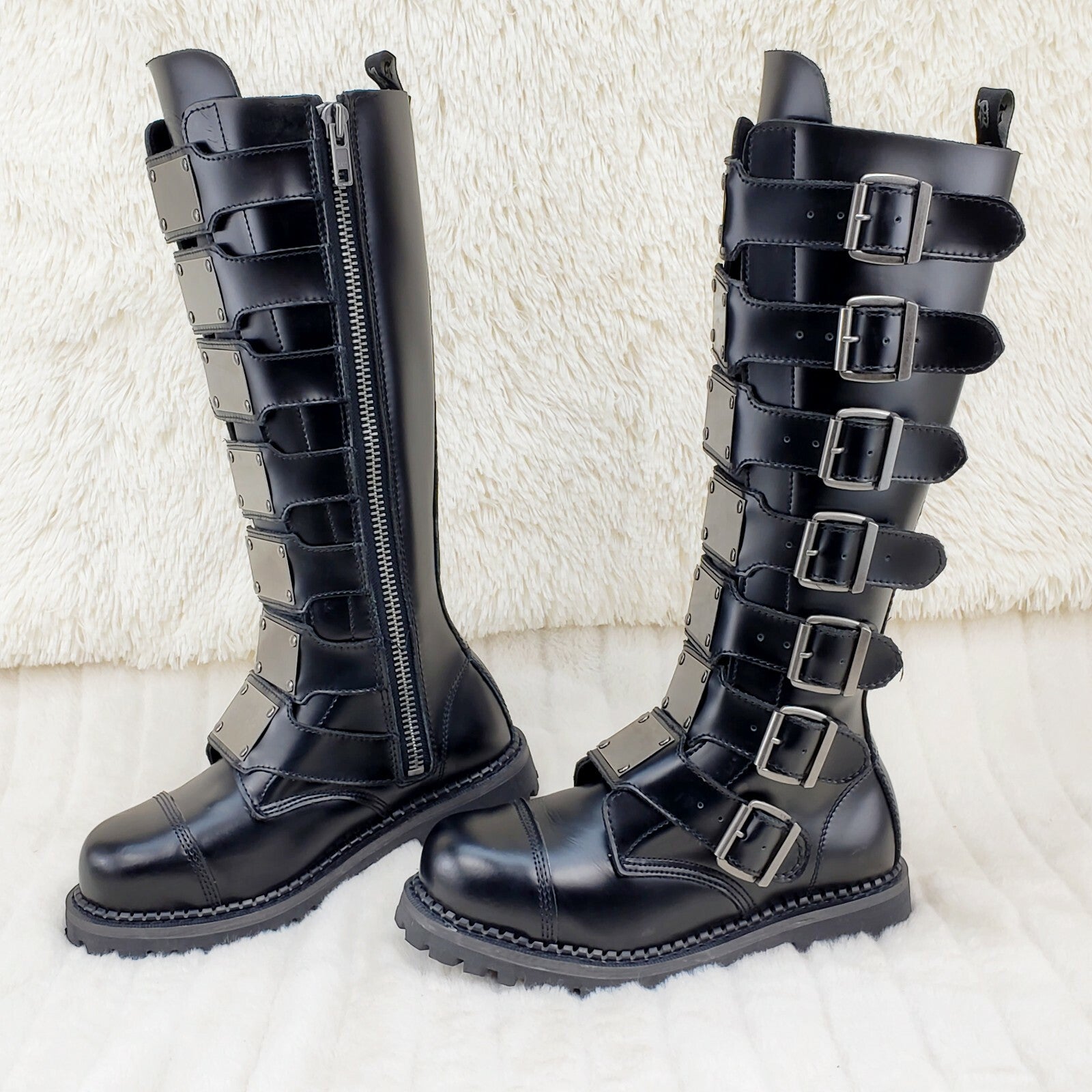 DEMONIA Riot 21 Goth Combat Biker Steel Toe Boots Black Leather Men's