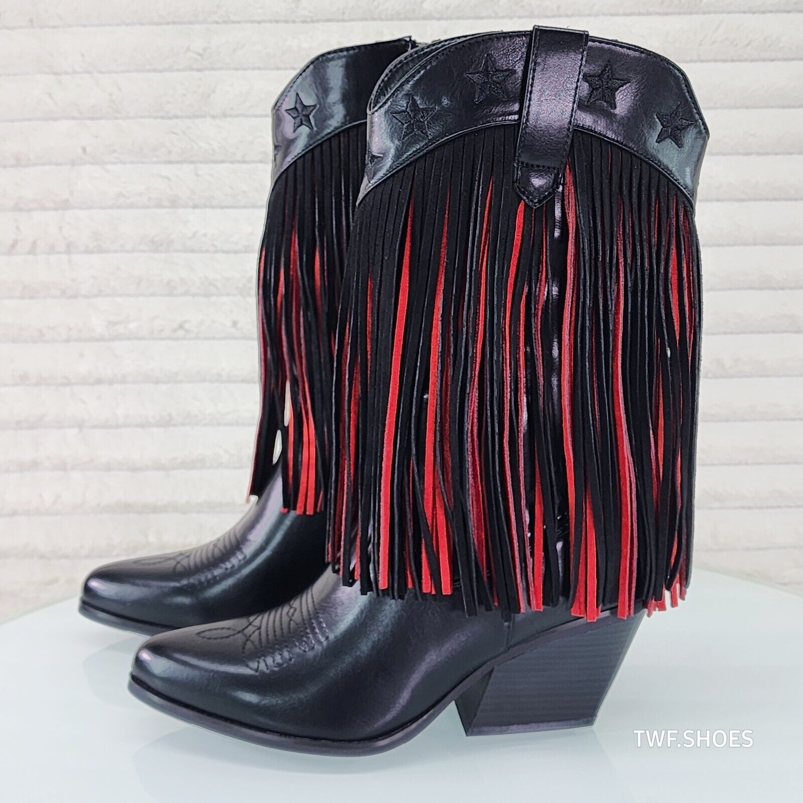 Country Swing Black and Red Fringe Western Cowgirl Boots Tuck Zipper - Totally Wicked Footwear