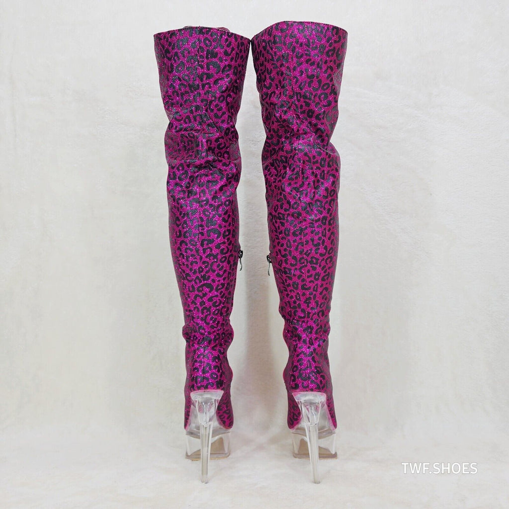 Bulls Hot Pink Leopard Glitter Over the Knee Clear Platform High Heel Thigh Boot - Totally Wicked Footwear