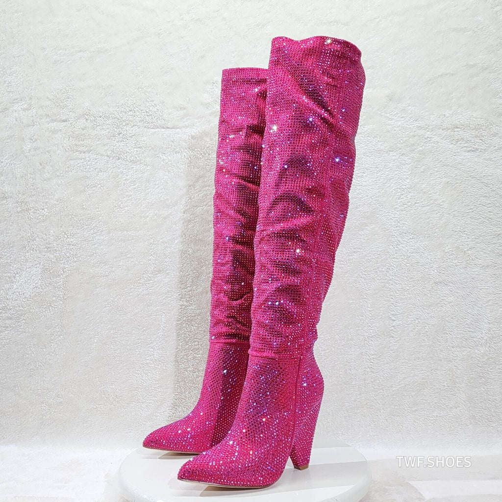 Vegas Fuchsia Pink Rhinestone Over the Knee Thigh boots 4.25" Heels Party Boots - Totally Wicked Footwear