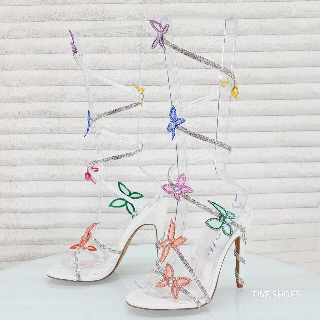 Fly Girl White Upper & Rhinestones Multi Color Butterfly Wrap Strap High Heels - Totally Wicked Footwear