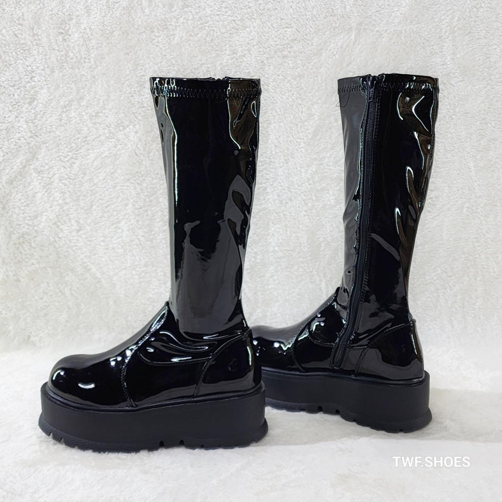 Slacker 200 65 Black Patent Platform Wedge Heel Knee Boots NY DEMONIA - Totally Wicked Footwear