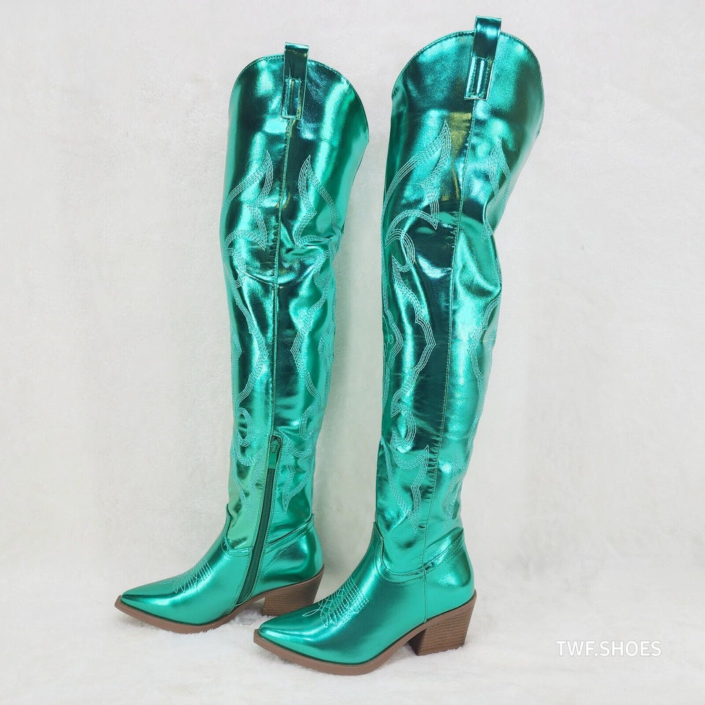 Country Disco Cowboy Metallic Green Western Cowgirl OTK Thigh Boots - Totally Wicked Footwear