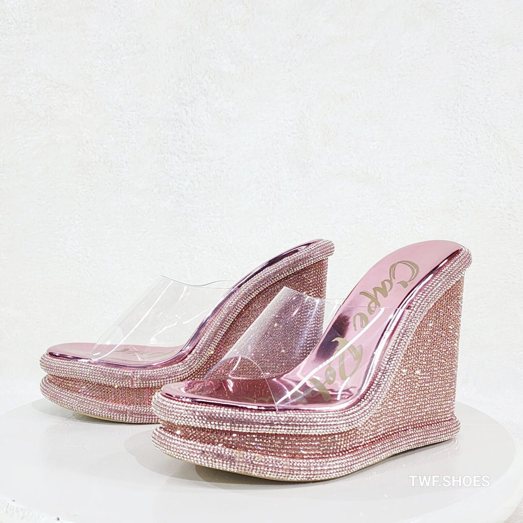 Zesty Pink Rose Gold Rhinestone Platform Wedge Heel Slip On Sandals