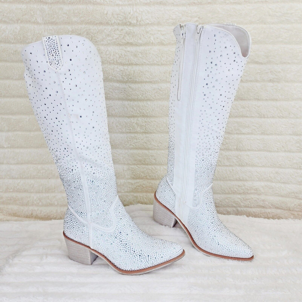 Wild Ones White Glamour Cowboy Rhinestone Cowgirl Wedding Knee Boots Tuck Zip - Totally Wicked Footwear