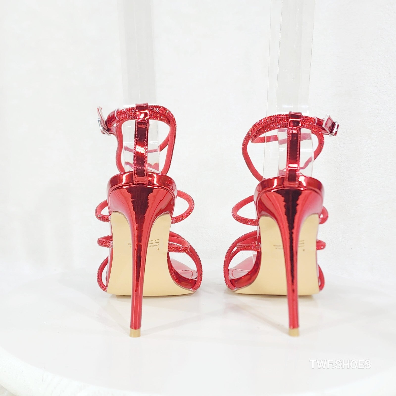 Party Town Red Metallic Strappy Rhinestone Pointy Toe High Heels