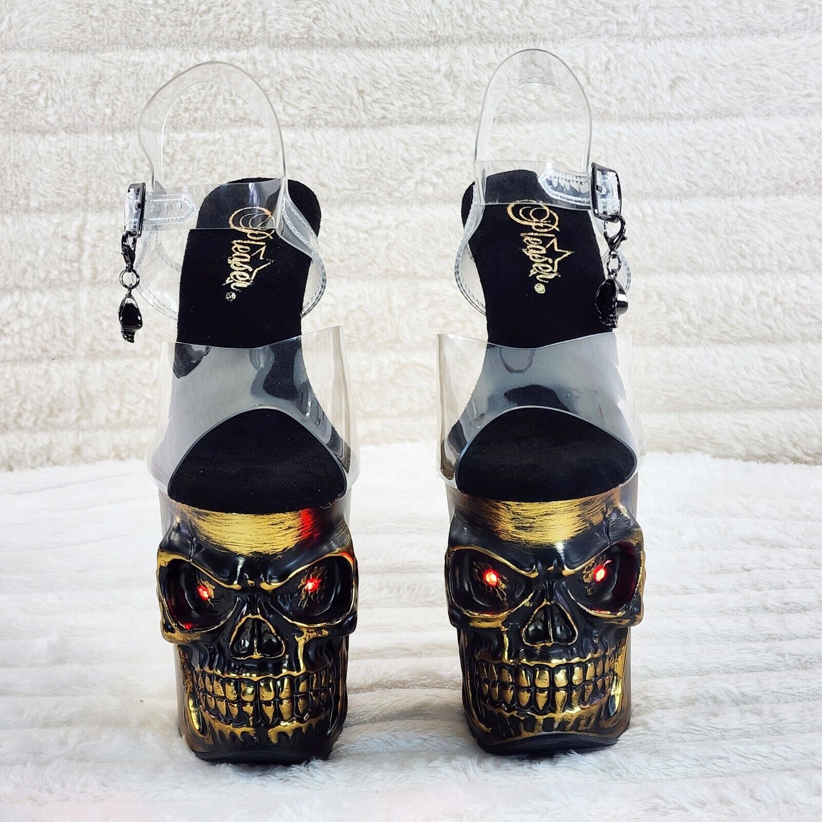 Rapture Clear Upper Brass Skull & Bones LED 8" High Heel Platform Shoes 5-10 NY - Totally Wicked Footwear