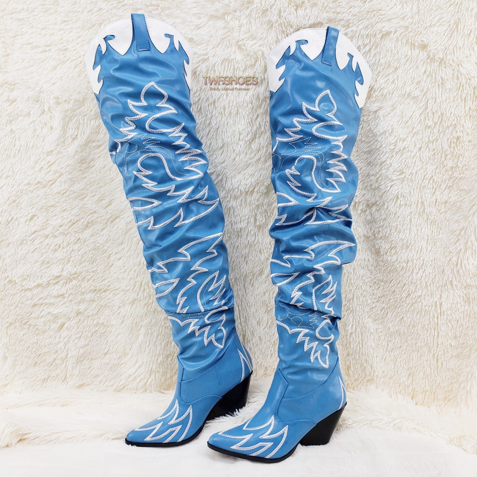 Kelsey 21 Rock Star Turquoise & White Western Slouch OTK Thigh High Cowboy Boots