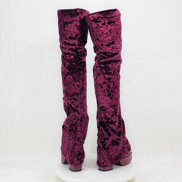 Unique Thigh High Wine Red Velvet Fold over Skirted Chunky Heel Platform Boots | Totally Wicked