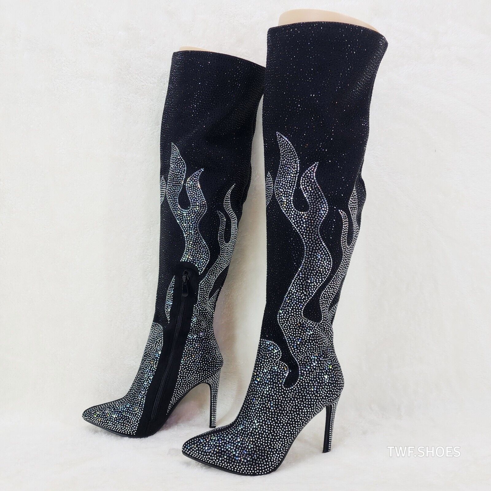 Fiery Desire Black & Silver Rhinestone Flame Detail Sexy OTK Thigh Boo ...