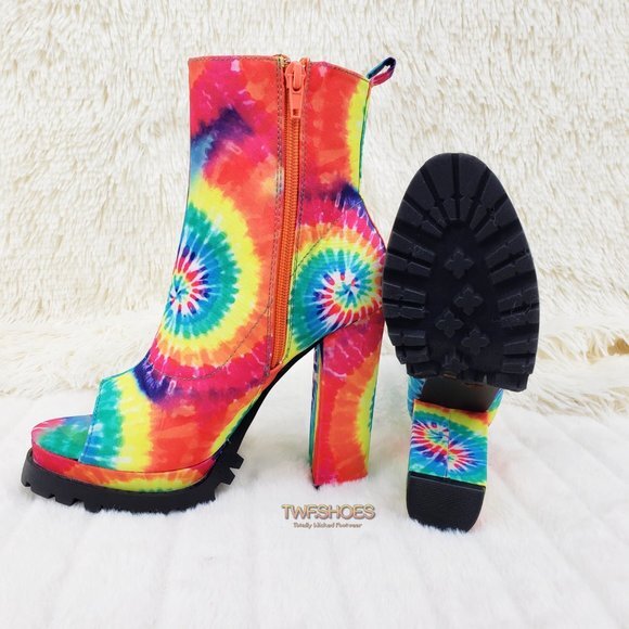 Trippin Colorful Tie Dye Open Toe Chunky Platform Heel Ankle Boots