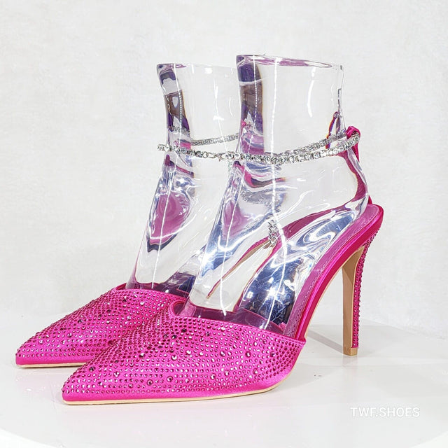 Simply Sexy Ankle Bracelet Hot Pink Rhinestone Pointy Toe High Heels Shoes