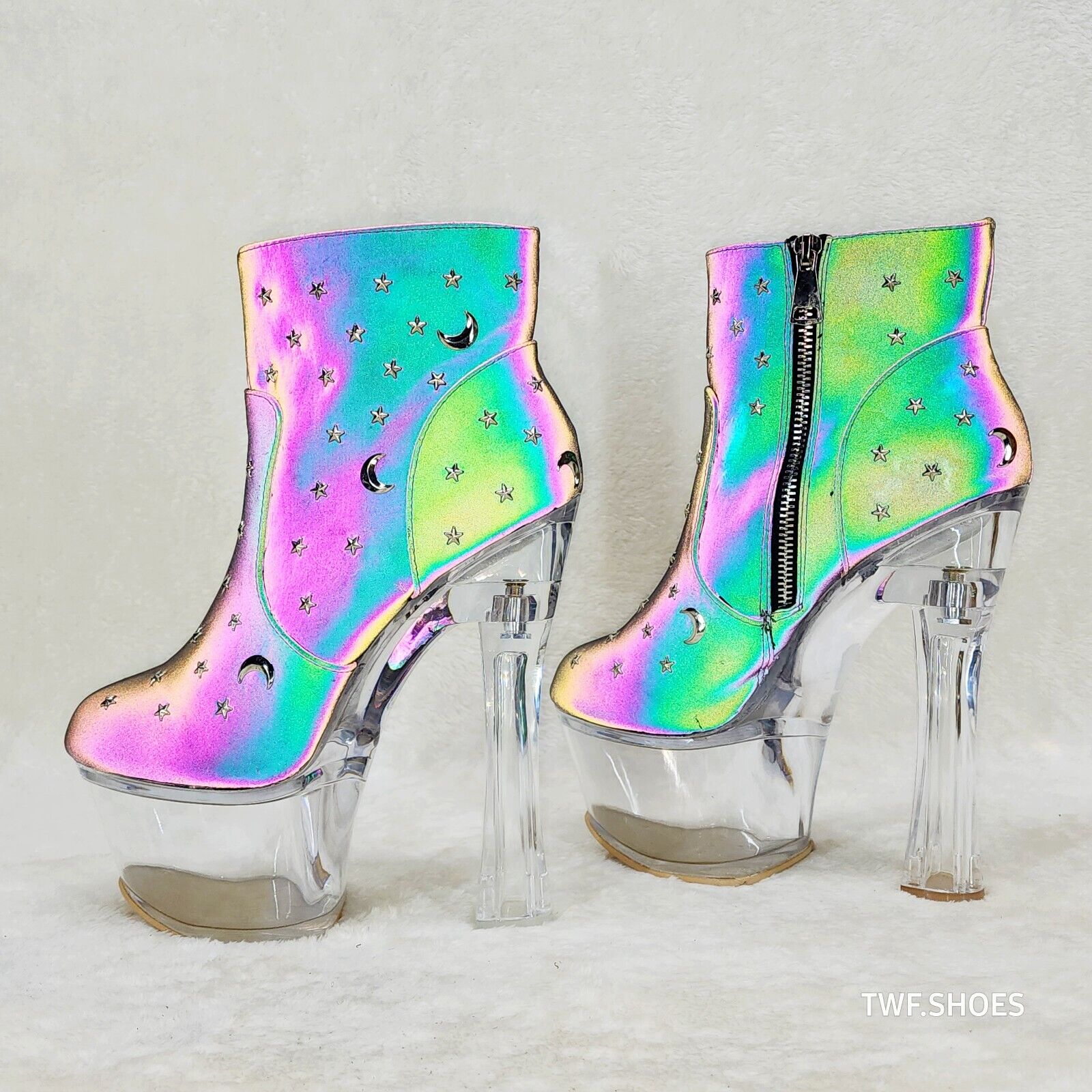 Ocho Purple Multi Reflective Ankle Boots Clear Platform & Chunky Heels Moon Star - Totally Wicked Footwear
