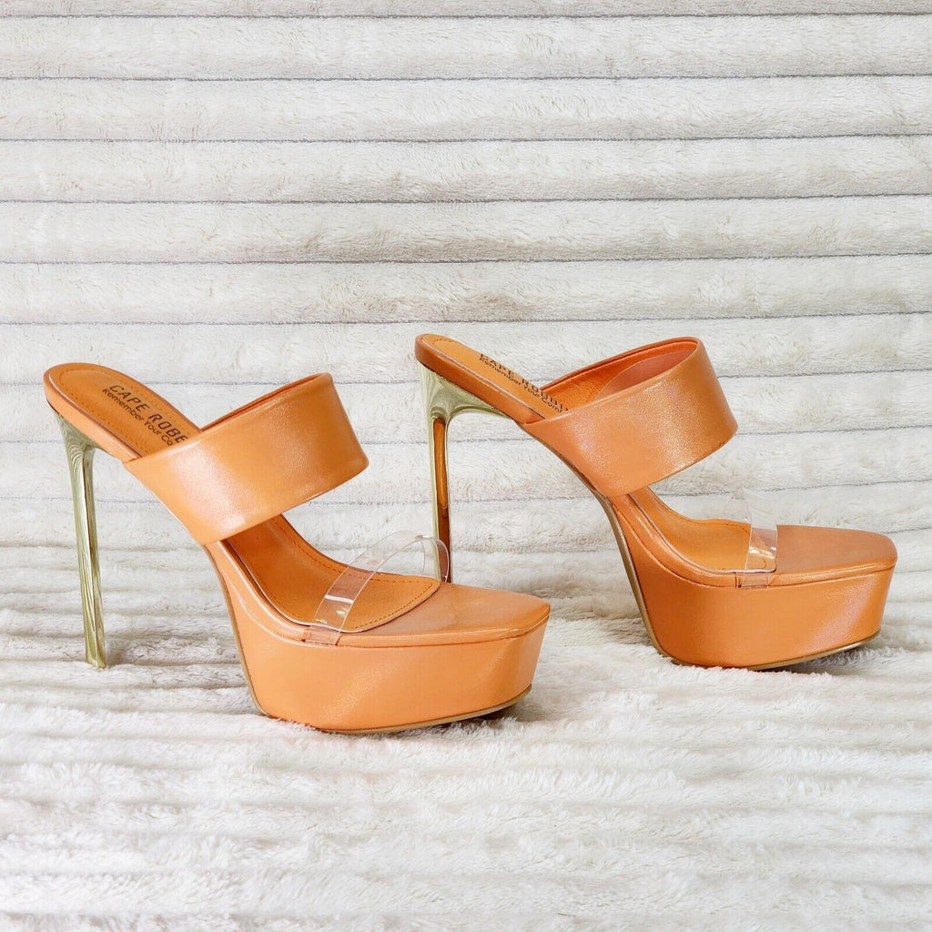 Razz Slip On High Heel Clogs Mules Slides Orange Gold Tone Stiletto - Totally Wicked Footwear