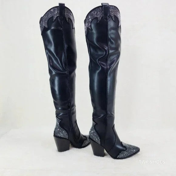Primal Country Western Sexy Black OTK Thigh Boots With Rhinestone Trims