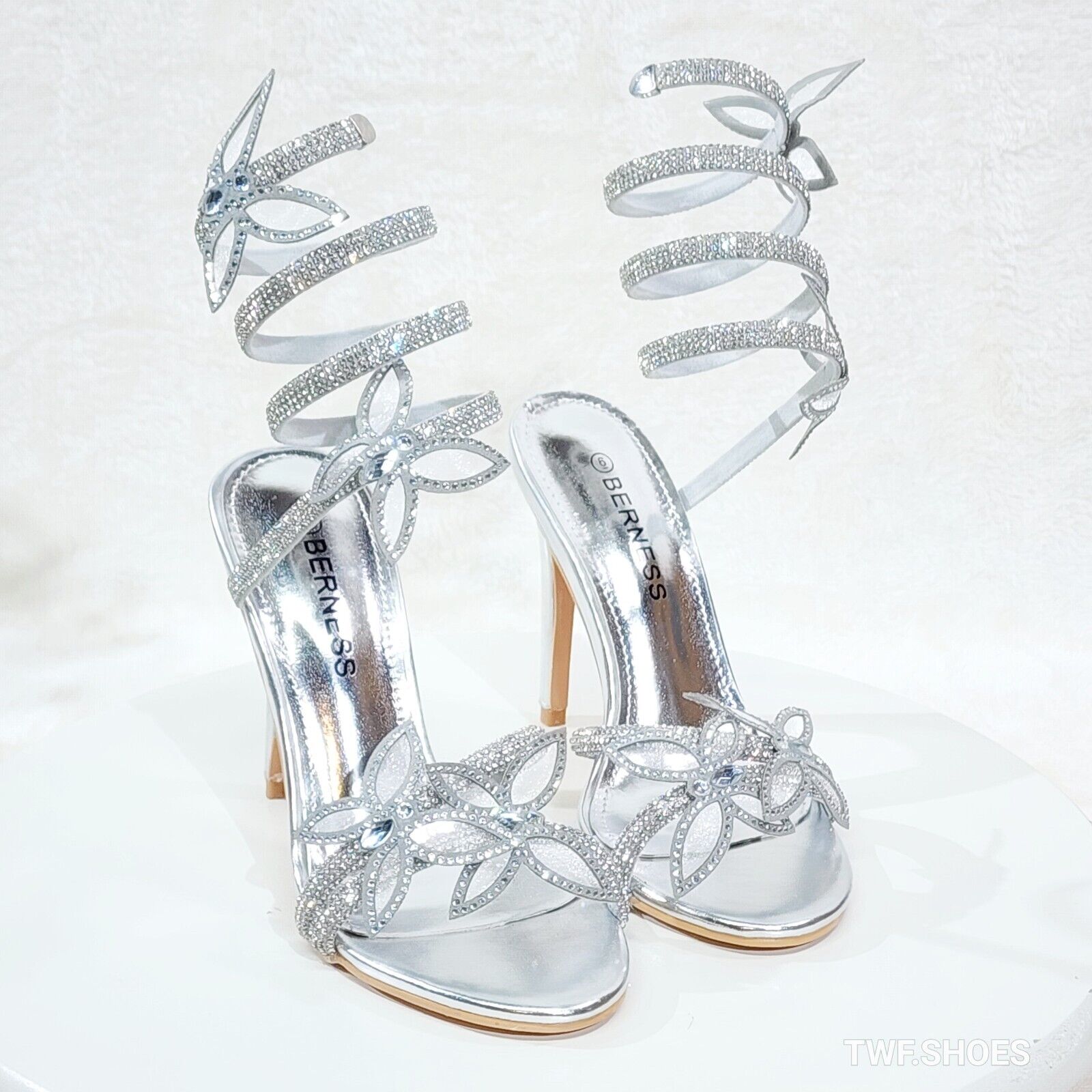 Fly Girl 2 Silver Upper Rhinestone Butterfly Wrap Strap 4" Stiletto High Heels - Totally Wicked Footwear