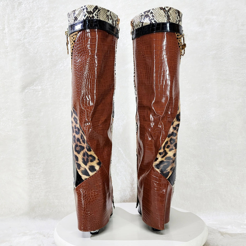 Forbidden Multi Animal Print Skirted Fold Over Wedge Heel Knee Boots - Totally Wicked Footwear